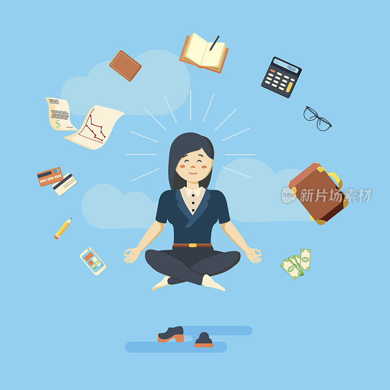 Businesswoman in meditating position on blue background
